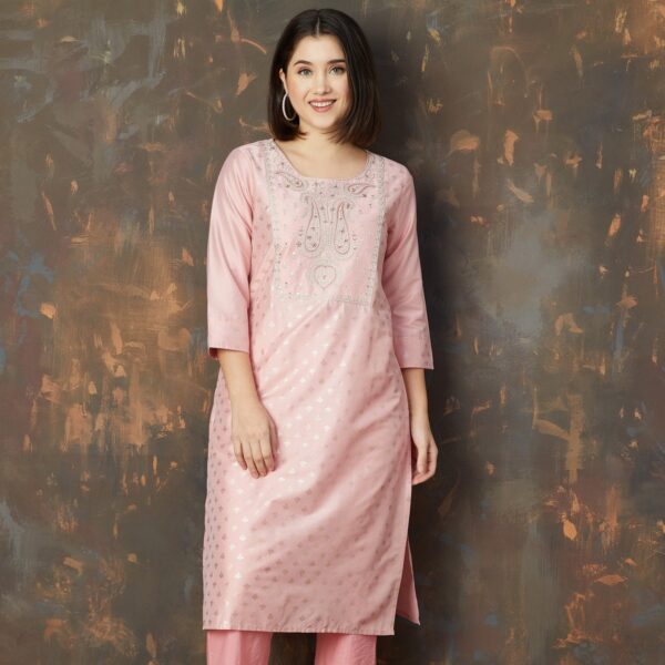 Pink Foil Print Straight Kurta
